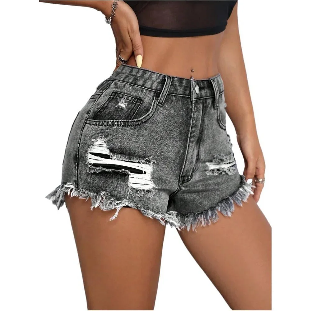 Women's Summer Ripped High Waisted Denim Shorts Straight Leg Casual